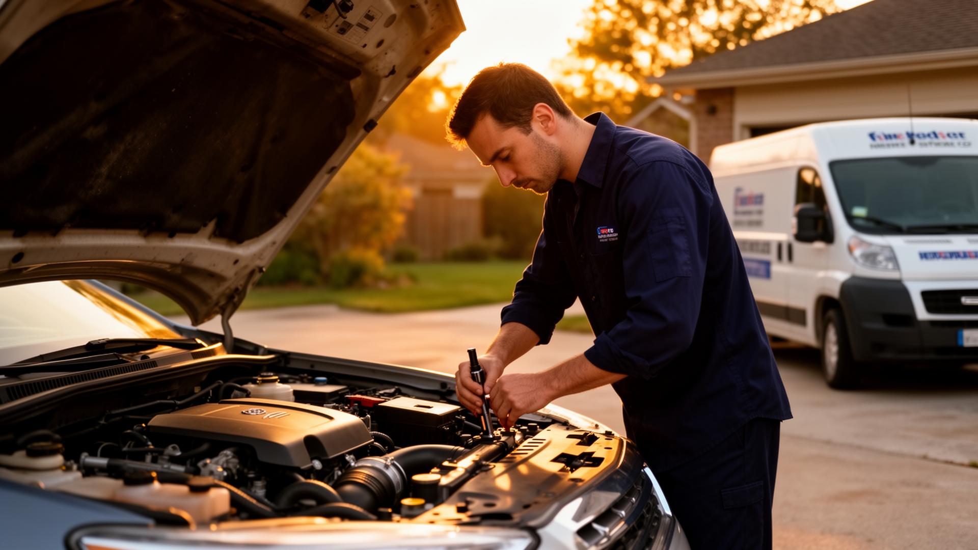 Mobile mechanic repairing a car in a driveway at golden hour